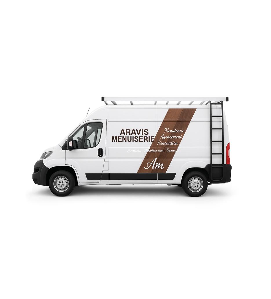 Camionnette d'Aravis Menuiserie, photographiée en studio.